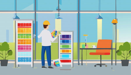 A skilled professional is showcasing a variety of color palettes in a stylish, contemporary workspace environmentのイラスト素材