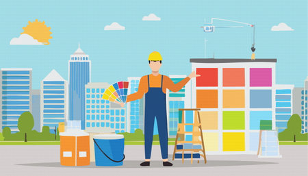 A construction worker is holding a vibrant color palette in front of a stunning city skyline filled with highrise buildings and skyscrapersのイラスト素材