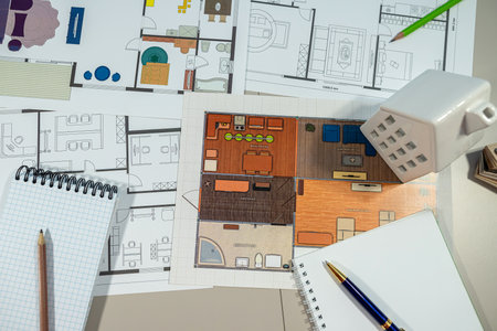 A detailed model house is prominently sitting on top of a meticulously designed house plan that...