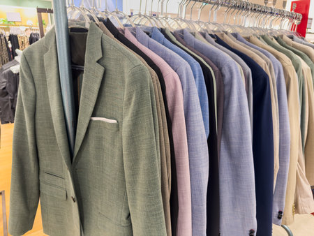 New men's luxury suit clothes on hangers in a boutique clothing store. Shopping conceptの写真素材