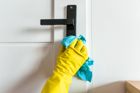 Woman wear gloves with rag cleaning door handle, house sanitary work