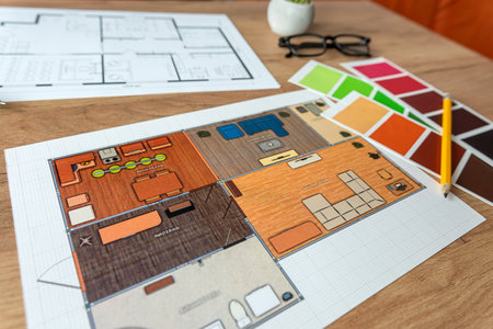 Drawings, architectural drawings of the modern house with color swatches on table. Construction plan at workplace.の写真素材