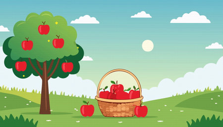 This illustration features a beautifully detailed pixel art depiction of a vibrant apple tree, complemented by a charming basket brimming with fresh applesのイラスト素材