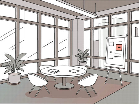 A detailed black and white illustration depicting a conference room that features a long table surrounded by several chairs arranged neatlyのイラスト素材