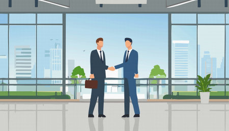 A pixel art illustration shows two businessmen shaking hands in a modern office, symbolizing professionalism and successful business collaborationのイラスト素材