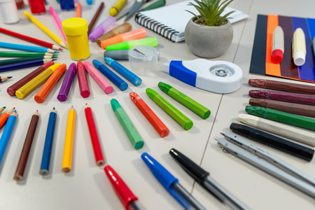 The table is meticulously arranged featuring a diverse selection of essential school supplies that aim to effectively meet students various educational needsの写真素材