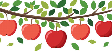 A vibrant row of perfectly red apples beautifully hangs from a sturdy branch that is adorned with lush, green leaves, creating a truly picturesque sceneのイラスト素材