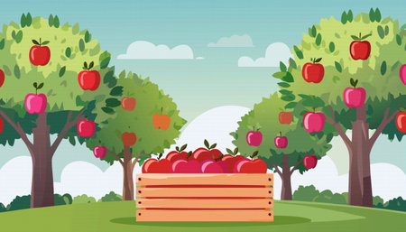 In a picturesque orchard, there is a wooden box that is completely filled with fresh and ripe apples, showcasing the beauty of natures bountyのイラスト素材