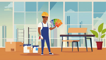 A skilled professional is showcasing a variety of color palettes in a stylish, contemporary workspace environmentのイラスト素材