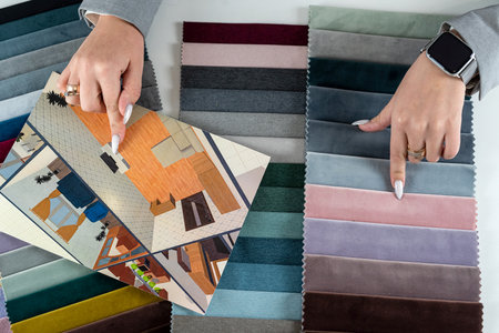 Woman designer hold home plan blueprint and chooses scraps of colored tissue. Interior designの写真素材