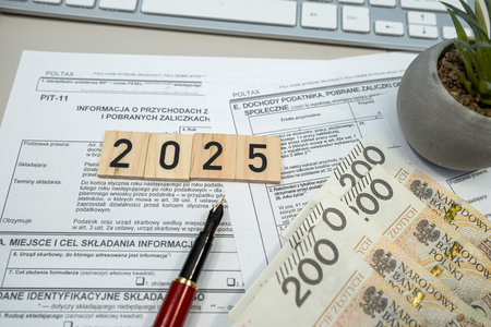 revenues from income tax form PIT-11 with pln zloty money with pen on office table. Concept of...