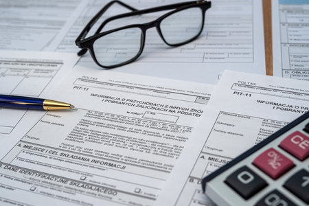 Polish PIT 11 37 38 tax form prepared to be filled with pen calculator glasses on desk aの写真素材