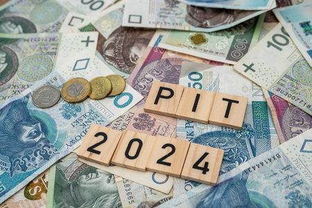 Wooden cubes pit Year 2024 2025, polish taxation day Income tax settlement a