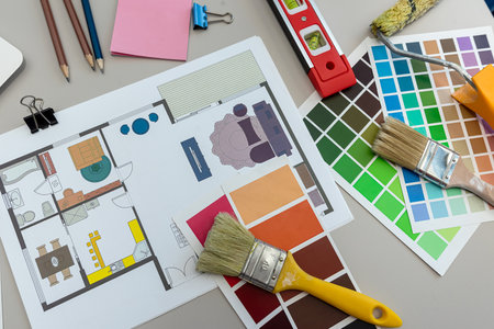 interior design with palette of colors for interior works, house blueprint. Workplaceの写真素材