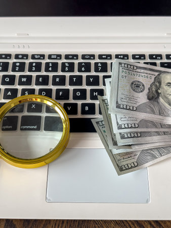 Basic Budgeting Tips with magnifying glass on  laptop with us dollar money. Saving conceptの写真素材