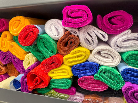 Vibrant assortment of textile rolls in diverse colors and materials, perfect for fashion and design industries.の写真素材