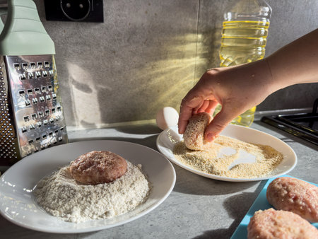A woman's hand tears off pieces of minced meat and make cutlets.の写真素材