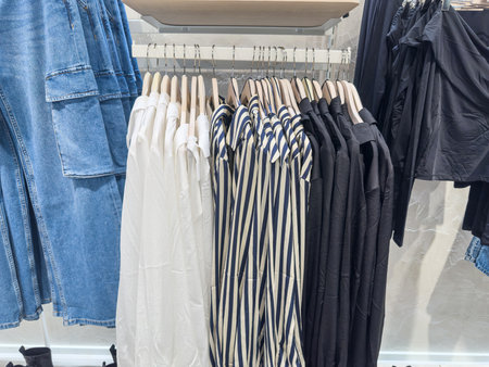 a new collection of various women's clothes hangs on hangers in clothing store,  fashion boutique during saleの写真素材