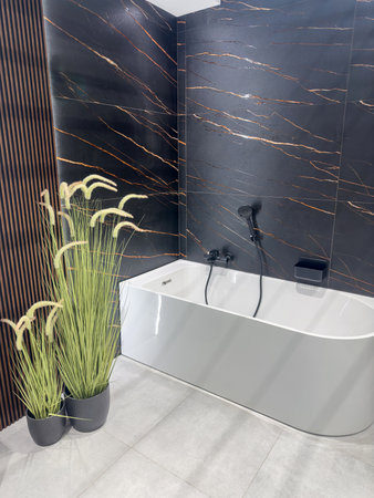 Modern  bathroom interior bathroom accessories, bathtub and shower with modern furniture. Vertical photoの写真素材