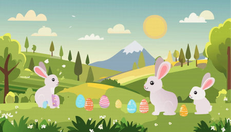 This pixel art illustration depicts a charming scene featuring three adorable rabbits alongside colorful Easter eggs nestled within a vibrant fieldのイラスト素材