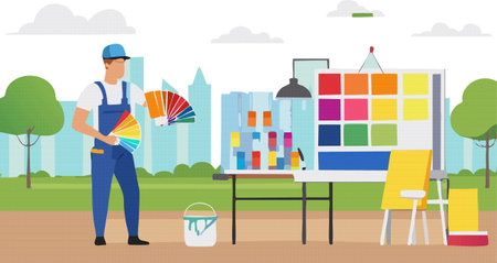 A construction worker is holding a vibrant color palette in front of a stunning city skyline filled with highrise buildings and skyscrapersのイラスト素材