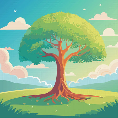 An intricate pixel art illustration showing a beautiful tree with its roots deeply embedded in the ground, emphasizing natures connection to the earthのイラスト素材