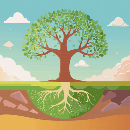 An intricate pixel art illustration showing a beautiful tree with its roots deeply embedded in the ground, emphasizing natures connection to the earthのイラスト素材