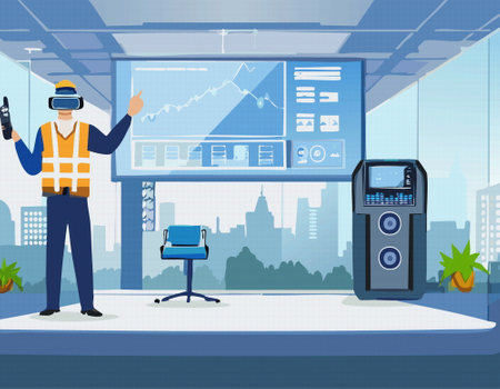A man wearing a virtual reality headset is standing in front of a car in a garage. High qualityのイラスト素材
