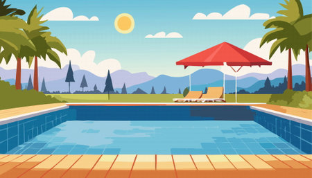 A detailed pixel art illustration depicting a serene swimming pool surrounded by lush palm trees, with magnificent mountains visible in the backgroundのイラスト素材