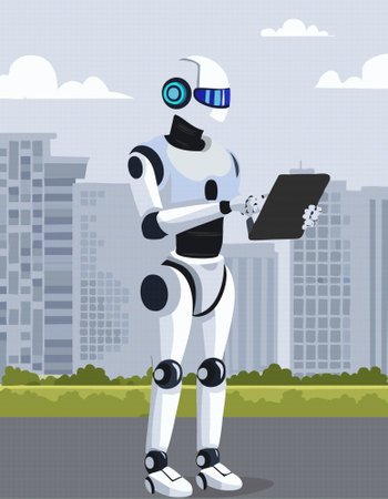 A highly sophisticated and advanced robot stands poised in front of a sleek and stylish desk in a modern office environment, carefully holding a laptopのイラスト素材