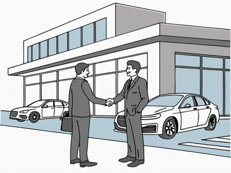 Vector illustration of a businessman shaking hands with a customer in front of a car dealershipのイラスト素材