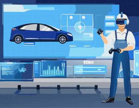 A man wearing a virtual reality headset is standing in front of a car in a garage. High qualityのイラスト素材