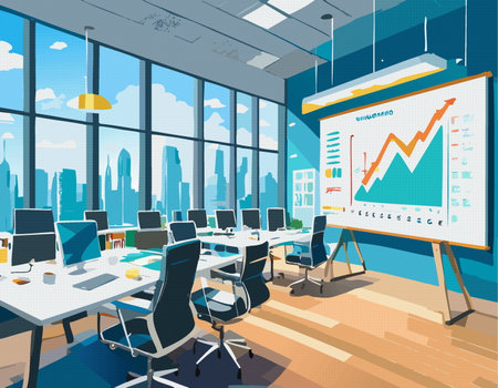This artwork is a pixel art depiction of a conference room that features a prominent projector screen for presentations and meetingsのイラスト素材