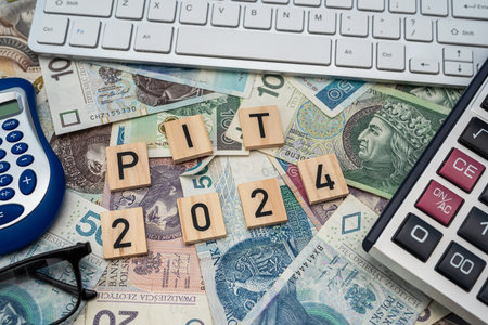 PIT 2024 word with colorful blocks and a pln zloty money business finance taxation concept