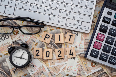 PIT 2024 word with colorful blocks and a pln zloty money business finance taxation concept