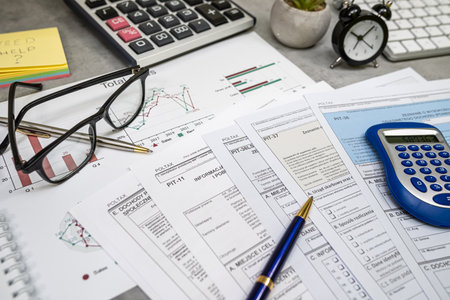 Pit 38 37 form, annual tax return with pen calculator on desk. Time for tax