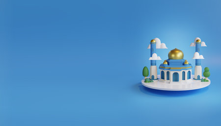3D Render Mosque Isolated on blue background for Ramadan Kareem Background.の写真素材