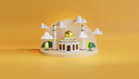 3d Render Mosque with white clouds on yellow background. 3d illustrationの写真素材