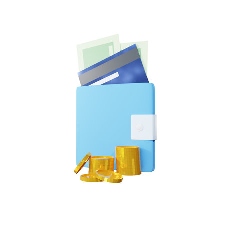 3d illustration of a blue wallet with credit cards and gold coinsの写真素材