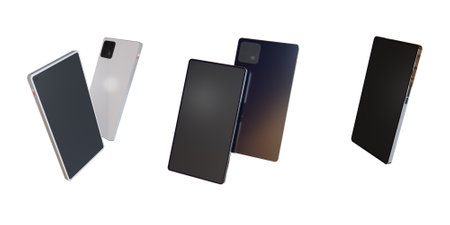 Set of different mobile phones on white background, top view. Banner designの写真素材