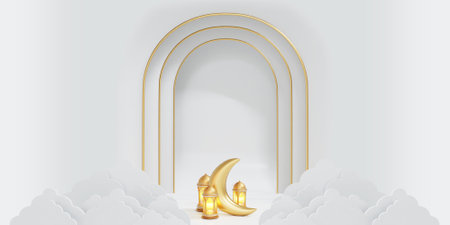 Ramadan Kareem background with mosque and golden arches. 3d renderingの写真素材