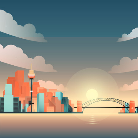 City skyline at sunset. Urban background. Vector illustration in flat style.のイラスト素材