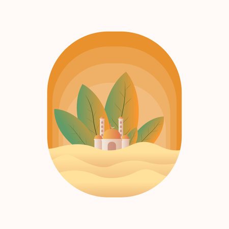 mosque on desert with palm trees. Vector illustration.のイラスト素材