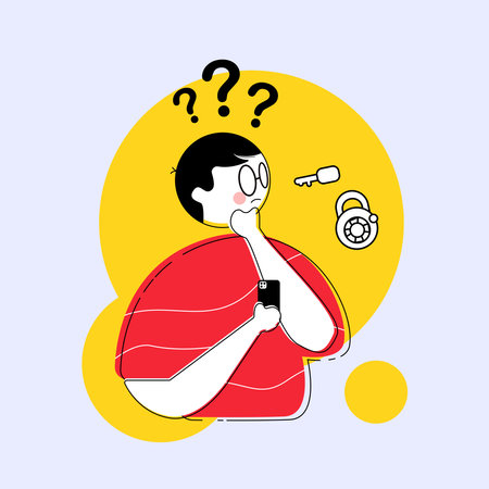 Man with phone and question marks. Vector illustration in flat style.のイラスト素材