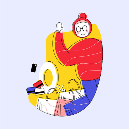 Vector illustration of a man with a lot of shopping bags in his hands.のイラスト素材