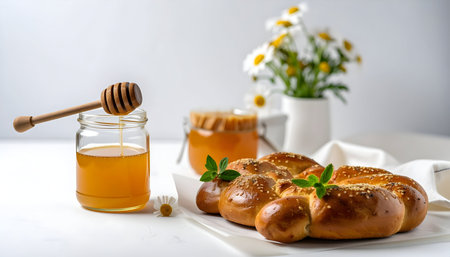 sweet buns with honey and chamomile on a white background