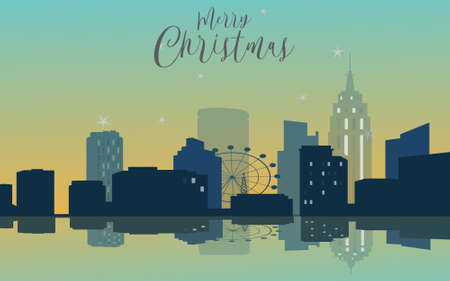 Merry Christmas and Happy New Year fireworks display over modern vector city buildingsのイラスト素材