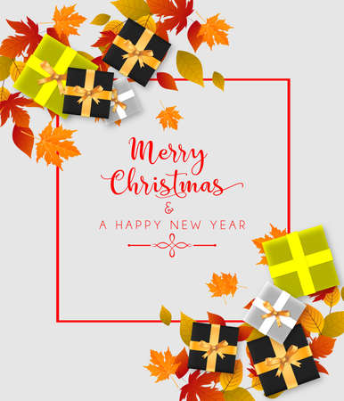 Illustration design of colorful leaves falling for website poster banner background with Merry Christmas and New Year greetingsのイラスト素材