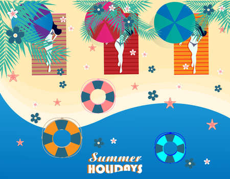 The travel accessories lie flat against the beach backdrop which is very pleasing to the view from aboveのイラスト素材