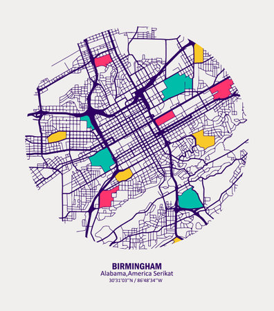 Abstract vector map of the city of Birmingham, Alabama, United States, with color combinations for walls and home postersのイラスト素材